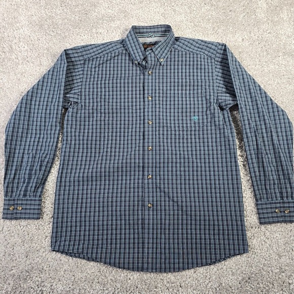 Ariat Pro Series Shirt Mens Medium Blue Plaid Button Up Long Sleeve Vented - Picture 2 of 11